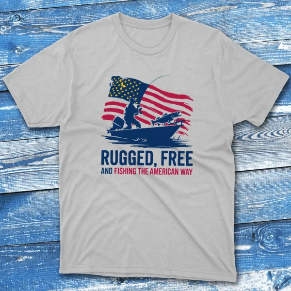 rugged, free, and fishing the american way grey Fishermen T-shirt