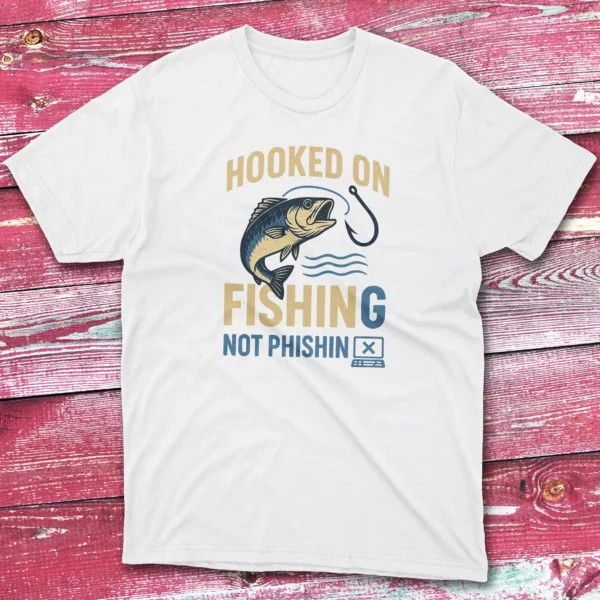 Hooked on Fishing not Phishing white Anglers T-shirts