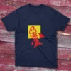 Navy fishing T-shirt on a light blue background featuring a fish drawing with a cross as its eye, set against a yellow block.