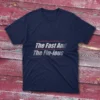 navy T-shirt on a ligh blue background containing the words "The Fast And The Fin-ious" in bold white text with horizontal red lines.