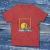 A modern look design of a red fishing T-shirt, the design has the quote The fishing was good, it was the catching that was bad and an image of a man fishing on a lake. with yellow shapes in the design