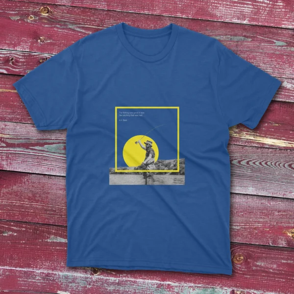 A modern look design of a royal fishing T-shirt, the design has the quote The fishing was good, it was the catching that was bad and an image of a man fishing on a lake. with yellow shapes in the design