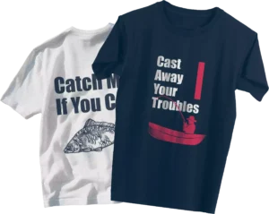 Stacked fishing T-shirts: navy on top of white. Both feature red, white, and black graphics and text. This image is used for the header.