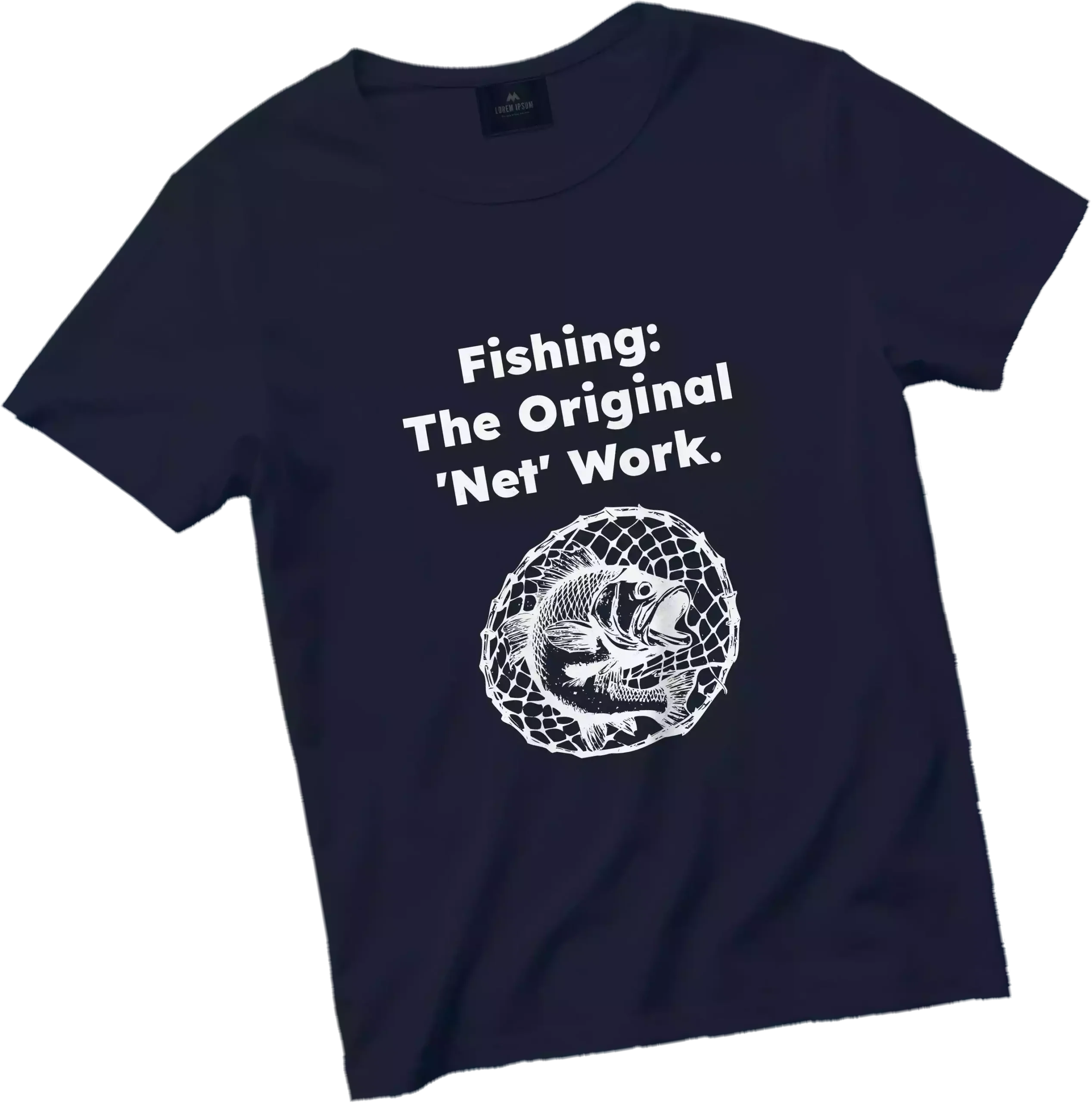 An image of a navy t-shirt that has a design of mixed typography "Fishing, the original Net work" and with an illustration of a fish in the center of a fishing net.