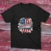 black T-shirt featuring a white American fisherman boat graphic.