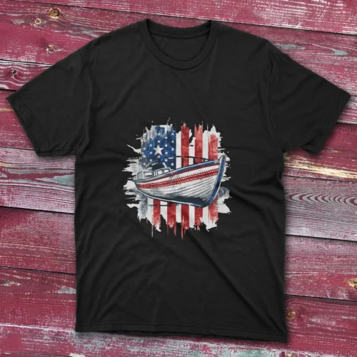 black T-shirt featuring a white American fisherman boat graphic.