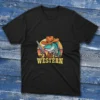 Black T-shirt featuring a bold design of a Western Texas fish, shown on a light blue background.