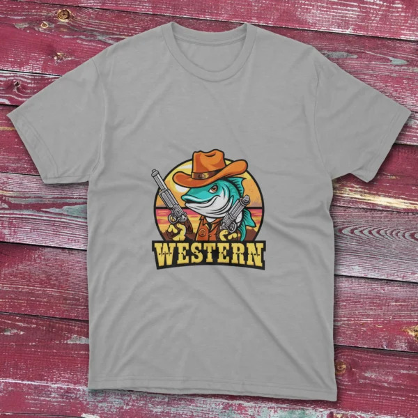 grey T-shirt featuring a bold design of a Western Texas fish, shown on a light blue background.