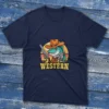 navy T-shirt featuring a bold design of a Western Texas fish, shown on a light blue background.