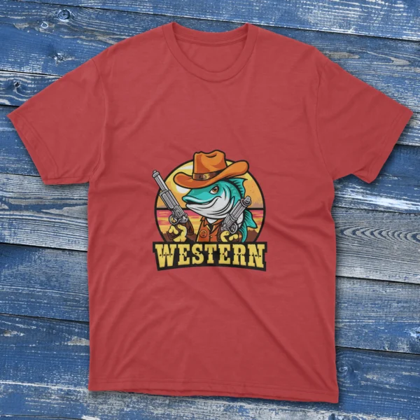 Red T-shirt featuring a bold design of a Western Texas fish, shown on a light blue background.