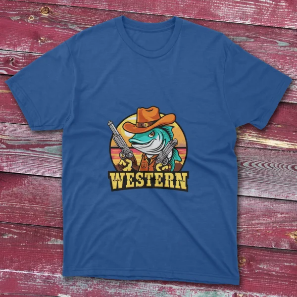 Royal Blue T-shirt featuring a bold design of a Western Texas fish, shown on a light blue background.