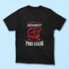 Black T-shirt featuring the phrase "Respect the Hierarchy, Top of the Chain" in sleek red & white typography and design.