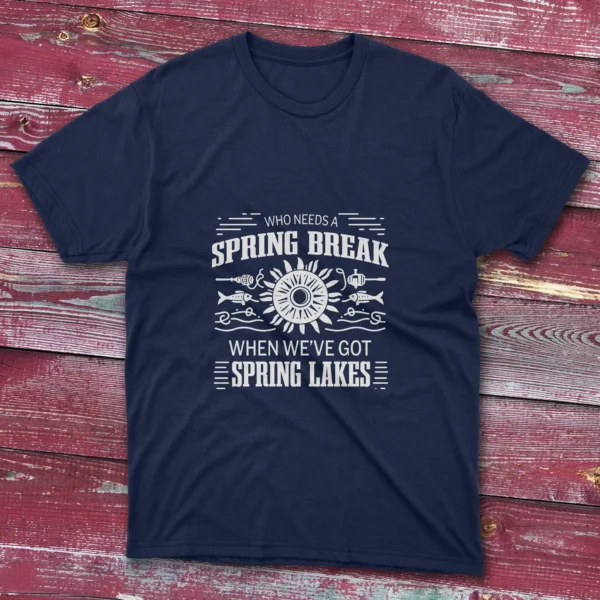 Navy T-shirt: Black T-shirt with Who needs a spring break text and decorative designs