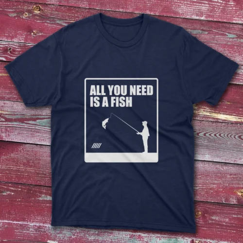 Navy blue T-shirt featuring All You Need Is a Fish - 2025 design