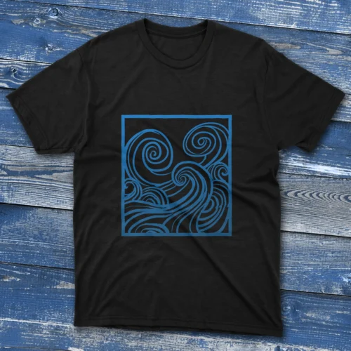 Black T-shirt with Blue Ocean Waves - 2025 design