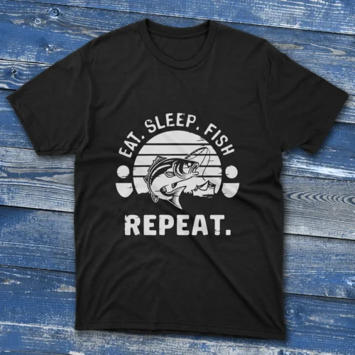 Black T-shirt with Eat Sleep Fish Repeat - 2025 design