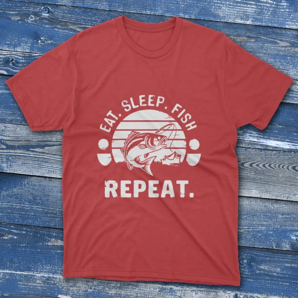 Red T-shirt with Eat Sleep Fish Repeat - 2025 text