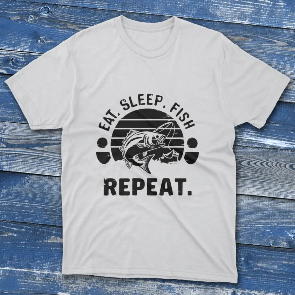 White T-shirt showcasing Eat Sleep Fish Repeat - 2025 design