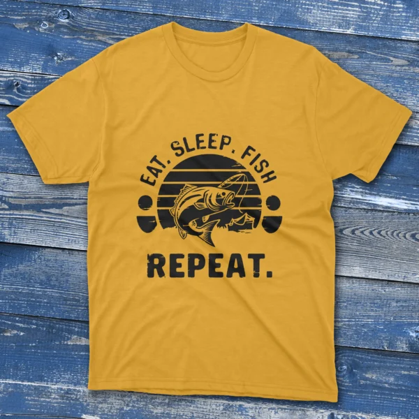 Daisy yellow T-shirt featuring Eat Sleep Fish Repeat - 2025 text