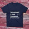 Navy blue T-shirt featuring Fatherhood: A Reel Adventure - 2025 text