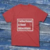 Red T-shirt with Fatherhood: A Reel Adventure - 2025 text