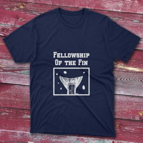 Navy blue T-shirt featuring Fellowship of the Fin - 2025 text