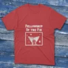 Red T-shirt with Fellowship of the Fin - 2025 text