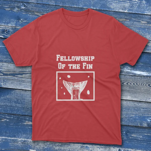 Red T-shirt with Fellowship of the Fin - 2025 text