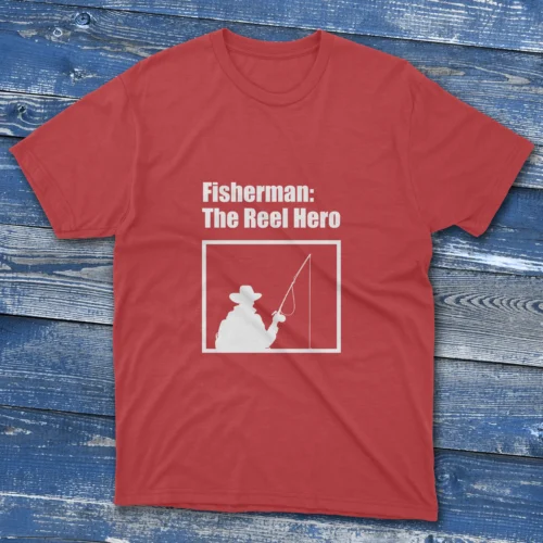 Red T-shirt with Fisherman the Reel Hero - 2025 text