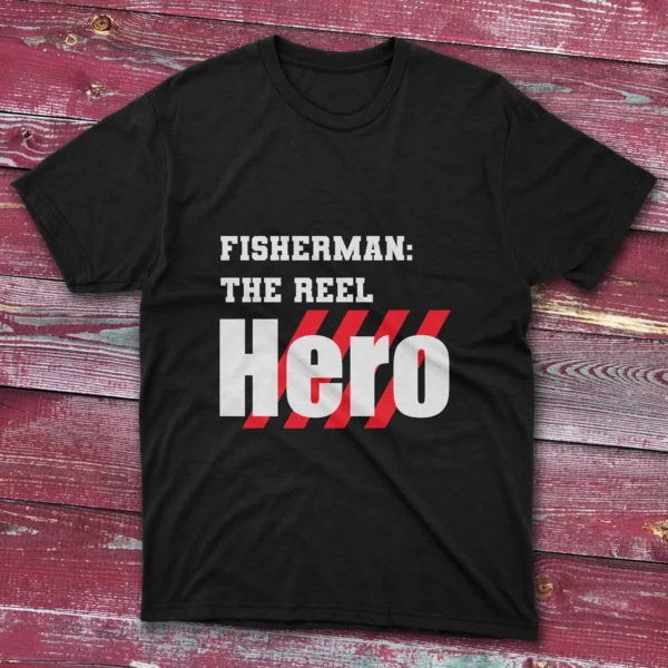 Black T-shirt with Fisherman the Reel Hero - 2025 design