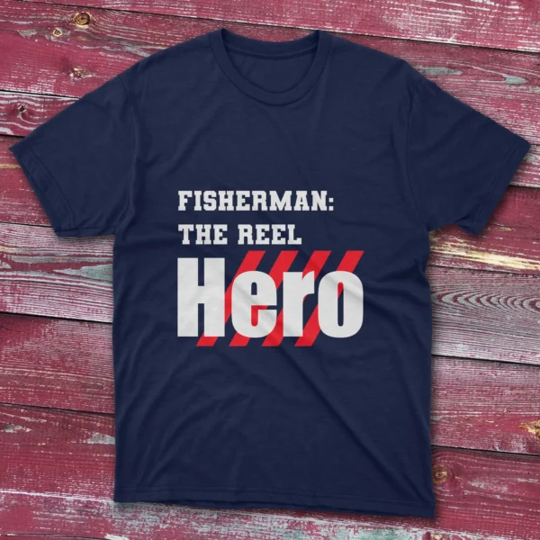 Navy blue T-shirt featuring Fisherman the Reel Hero - 2025 text