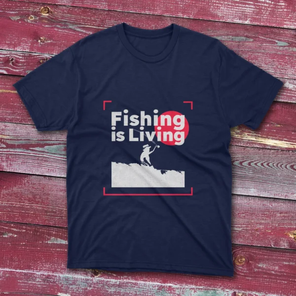 Navy blue T-shirt featuring Fishing Is Living - 2025 text