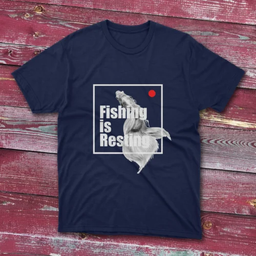 Navy blue T-shirt featuring Fishing is Resting - graphic 2025 text