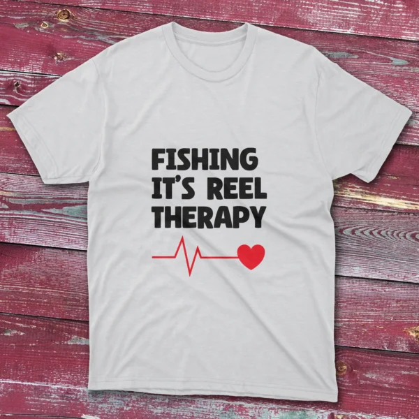 White T-shirt showcasing Fishing it's the reel therapy - 2025 text