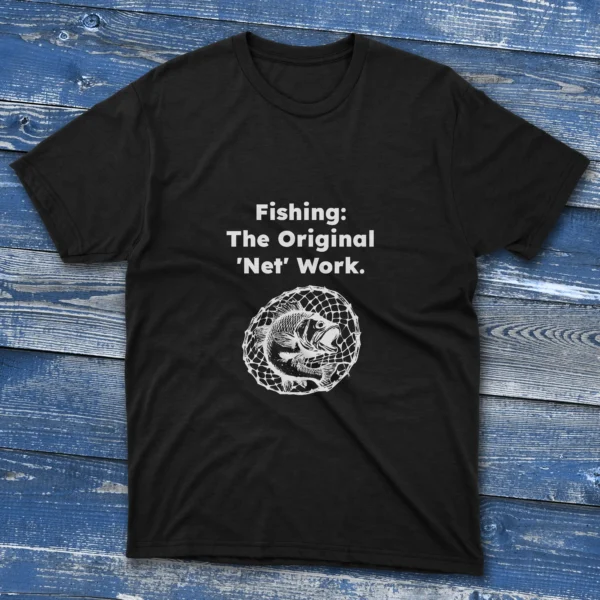 Black T-shirt with Fishing the original net work - 2025 design