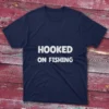 Navy blue T-shirt featuring Hooked on fishing - 2025 design