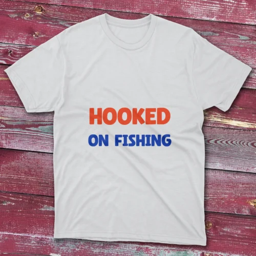 White T-shirt showcasing Hooked on fishing - 2025 design