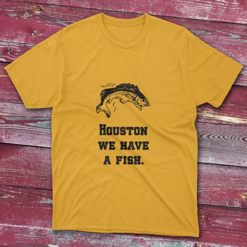 Daisy yellow T-shirt featuring Houston, we have a fish text