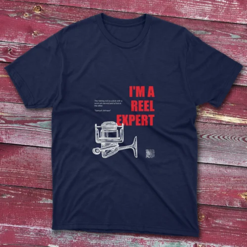 Navy blue T-shirt featuring I'm reel expert - 2025 design