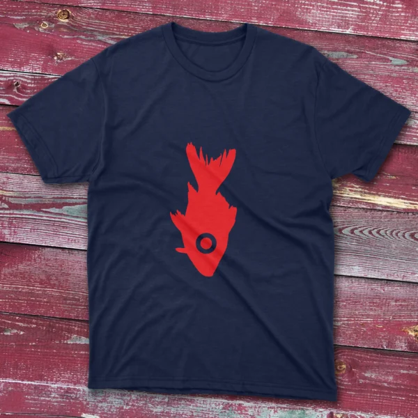 Navy blue T-shirt displaying Red Surreal Fish graphic