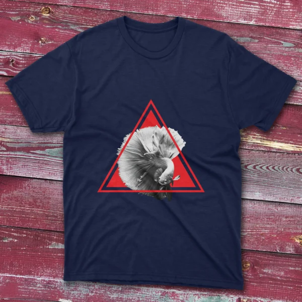 Navy blue T-shirt displaying Surreal fish with red triangle - 2025 graphic