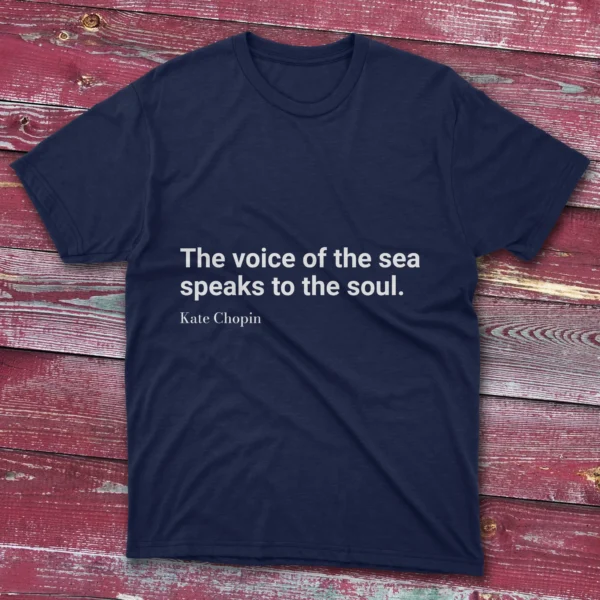 Navy T-shirt featuring The voice of the sea speaks to the soul design