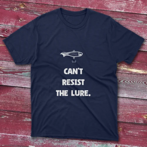 Navy blue T-shirt featuring Can't Resist the Lure - 2025 text