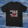 Black T-shirt with Hooked on fishing not phishing - 2025 text