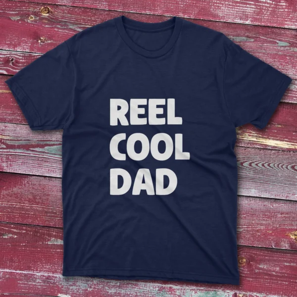 Navy blue T-shirt featuring Reel Cool Dad - 2025 design